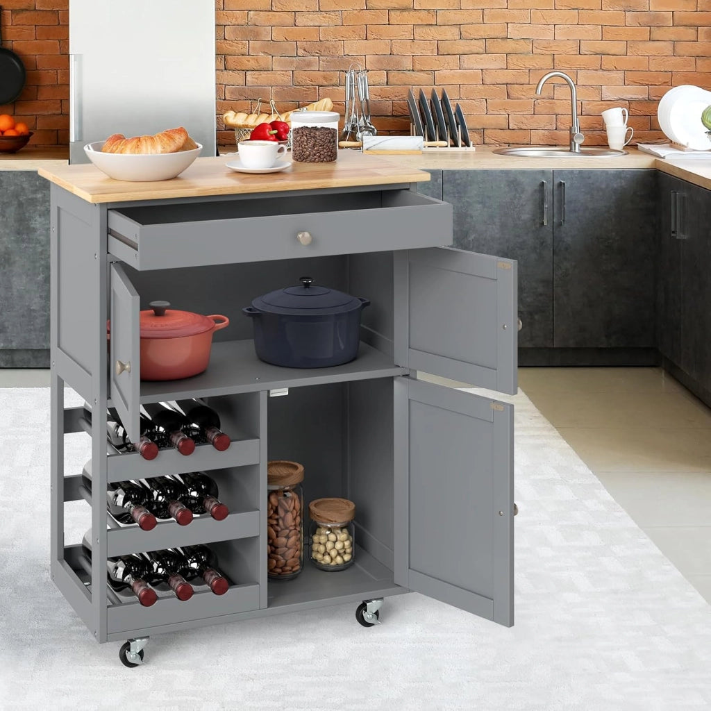 Carrello da cucina mobile con cassetto, porte e ripiani per bottiglie, isola di cucina con ruote e coperchio in legno di gomma, 67 x 37 x 86 cm, mobile di stoccaggio per sala da pranzo (grigio