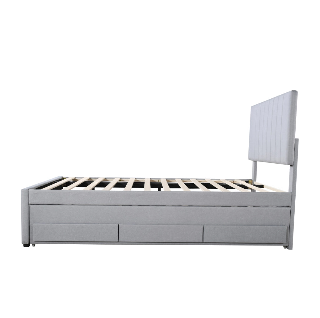 Letto imbottito 90x200 cm con letto estraibile e 3 cassetti in tessuto di cotone e lino grigio