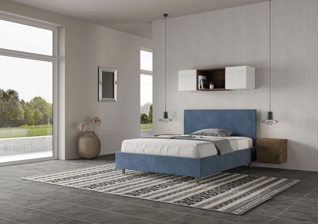 BS COM Letto una piazza e mezza con rete imbottito 130x200 microfibra blu