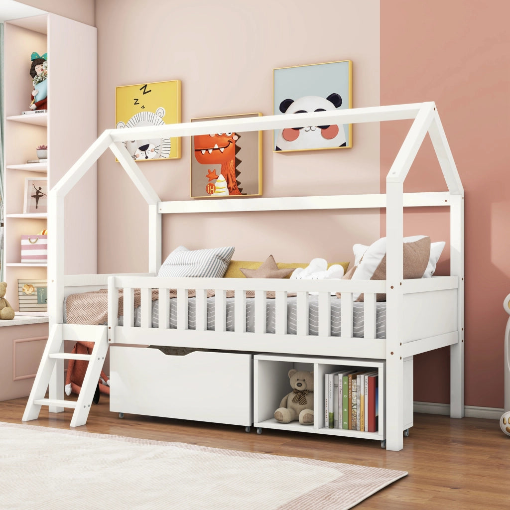 Letto a castello bianco con cassetti e scomparti 200x90 cm in legno massello di pino