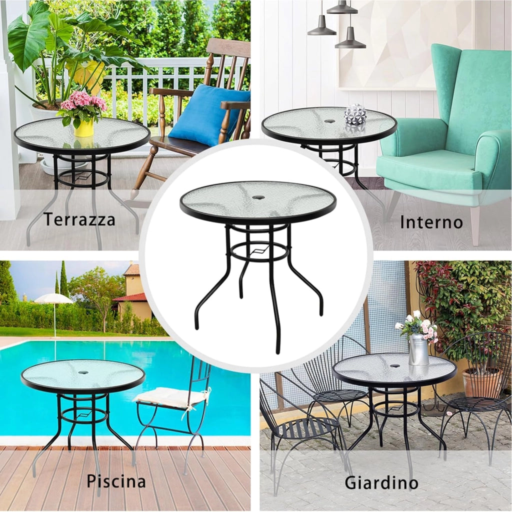 Tavolino Esterno in Metallo e Vetro, Tavolino da Bistro con Foro per Ombrellone 4 cm, Tavolo per Giardino Balcone Cortile, Portata 75 kg (81 x 71 cm)