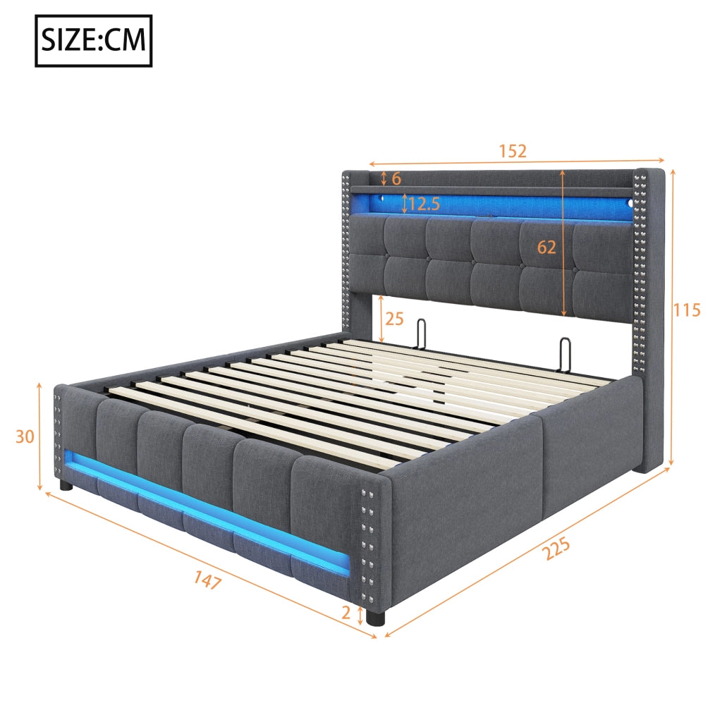 Letto imbottito matrimoniale 140x200 cm con LED; USB e contenitore; grigio
