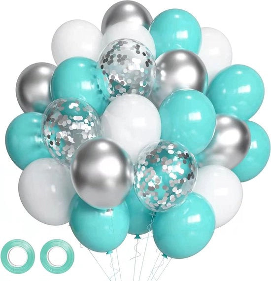 Decorazioni di Festa Palloni a Elio Blu Argento 50 pezzi 30 cm Palloni a Latex Metallici Tiffany Blu Argento Confetti per Festa di Compleanno Matrimonio Festa del Bambino Cerimonia di Laurea.