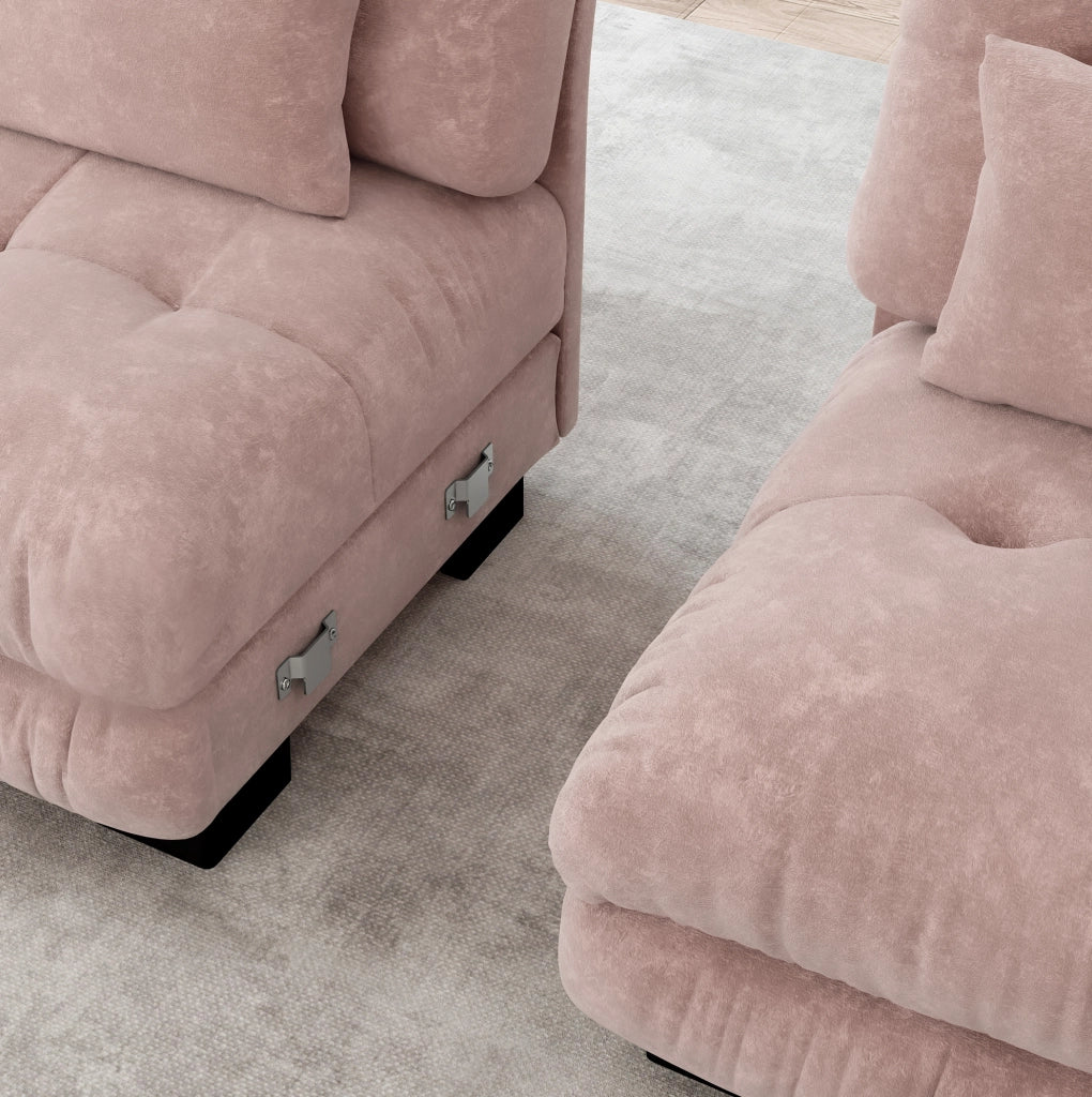 Divano modulare in chenille rosa con 2 pouf; 2 cuscini lombari e 2 cuscini decorativi