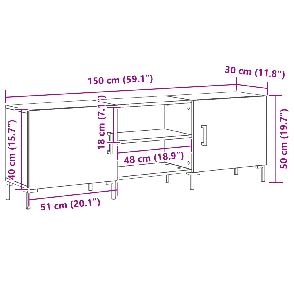 Mobile TV  Nero Rovere 150x30x50 cm Legno ingegnerizzato