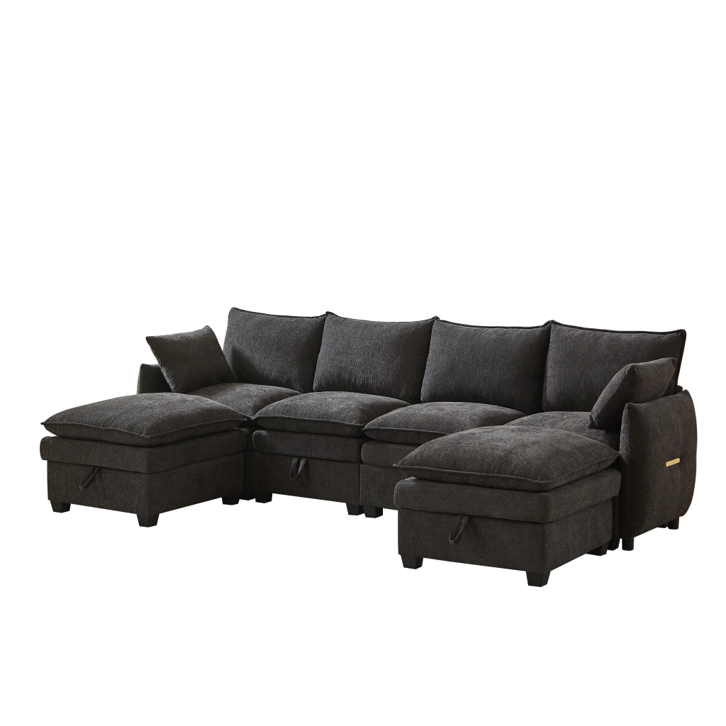 Divano U Modulare con Contenitore ¨C MINIMAL ¨C Chenille, Cuscini, Poggiapiedi, Legno Massello