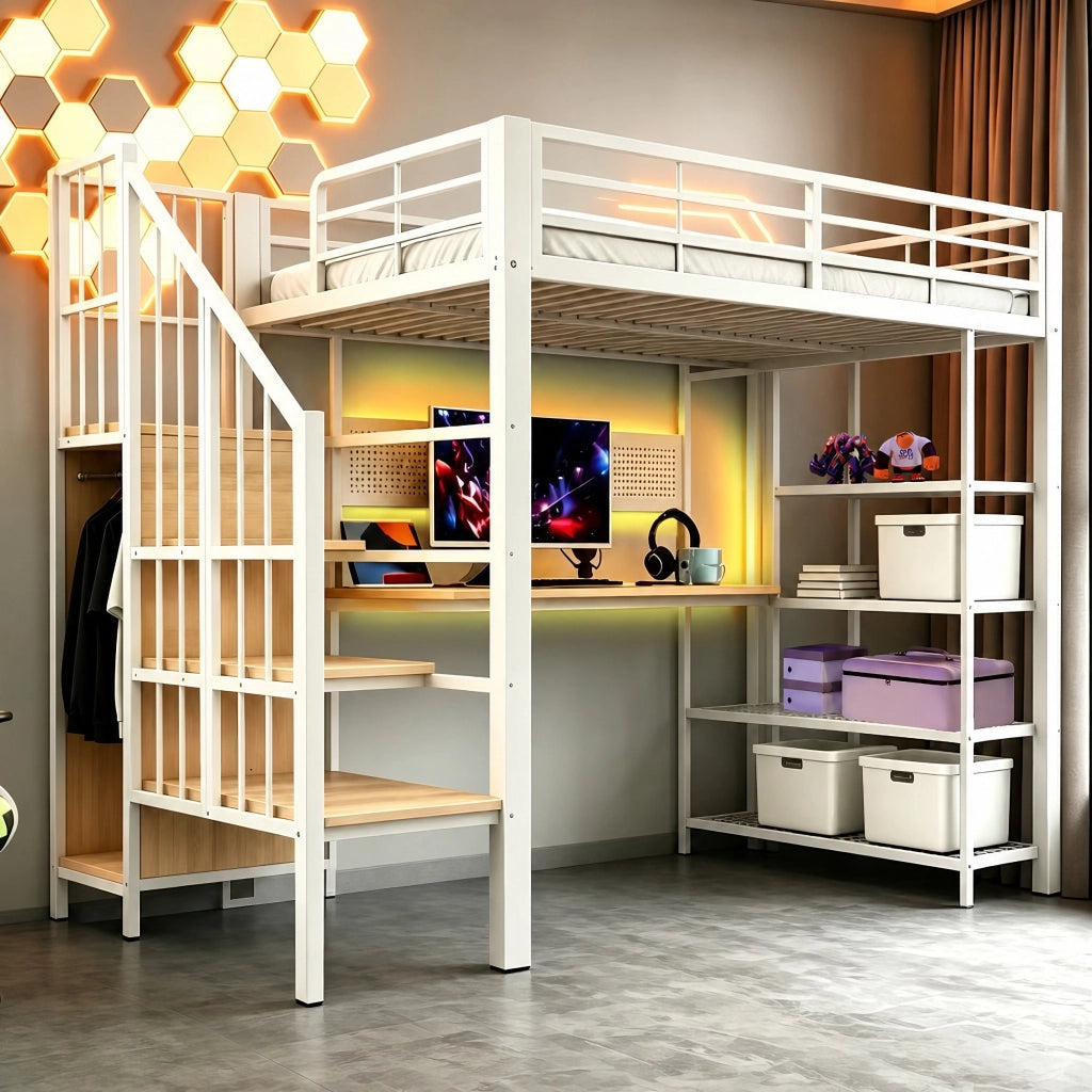 LETTO a soppalco 90 x 200 cm con scala contenitore, LED, prese, bianco