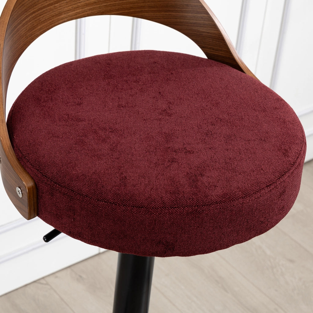Sgabello da bar girevole 360° con altezza regolabile, schienale e poggiapiedi, in lino, Rosso vino