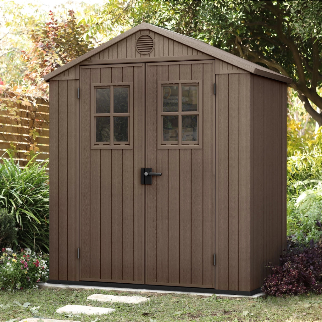 Darwin 6x4 - Casetta da Giardino 190x221x122 cm 2 Ante a per deposito attrezzi finitura effetto legno Evotech+ in Resina Marrone