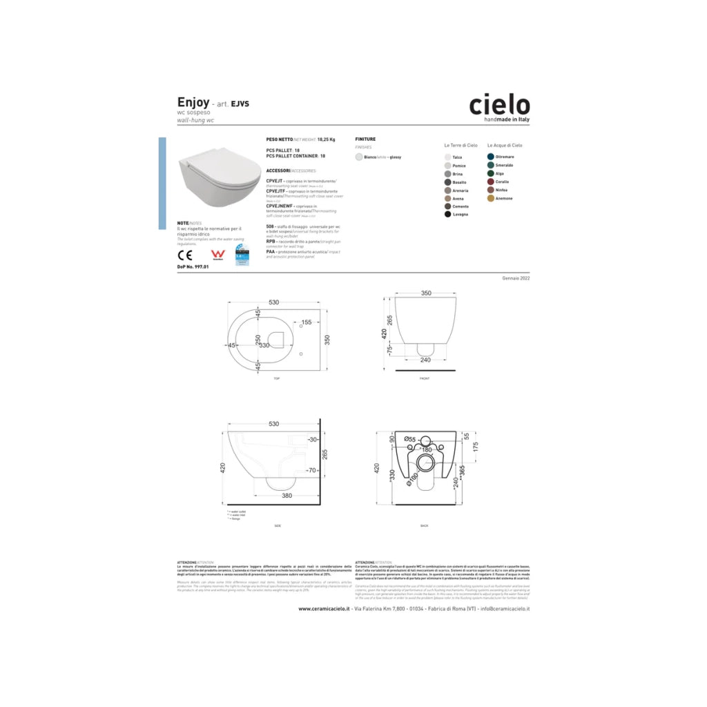Wc Sospeso Ceramica Cielo "Enjoy 53" Bianco Lucido