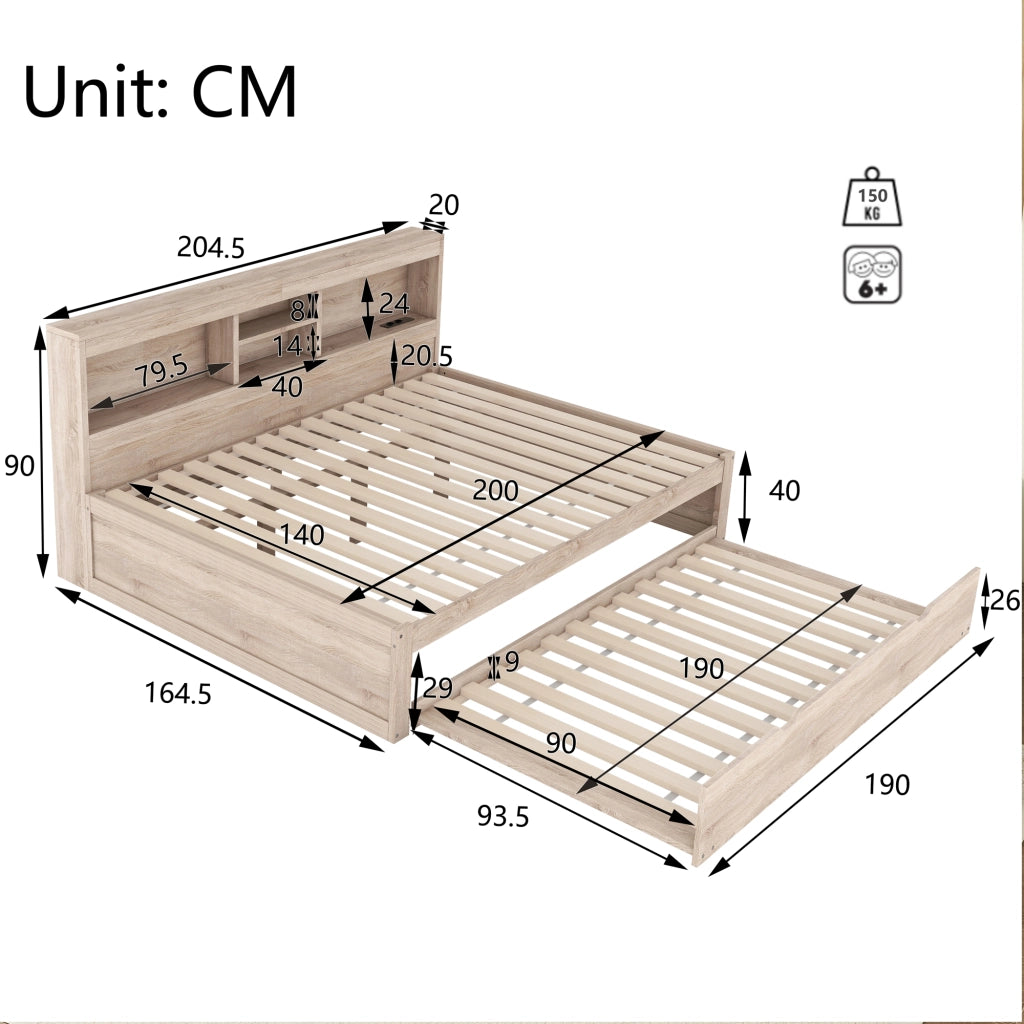 LETTO Estraibile 140x200 cm Naturale in pannello di legno con LED, prese USB