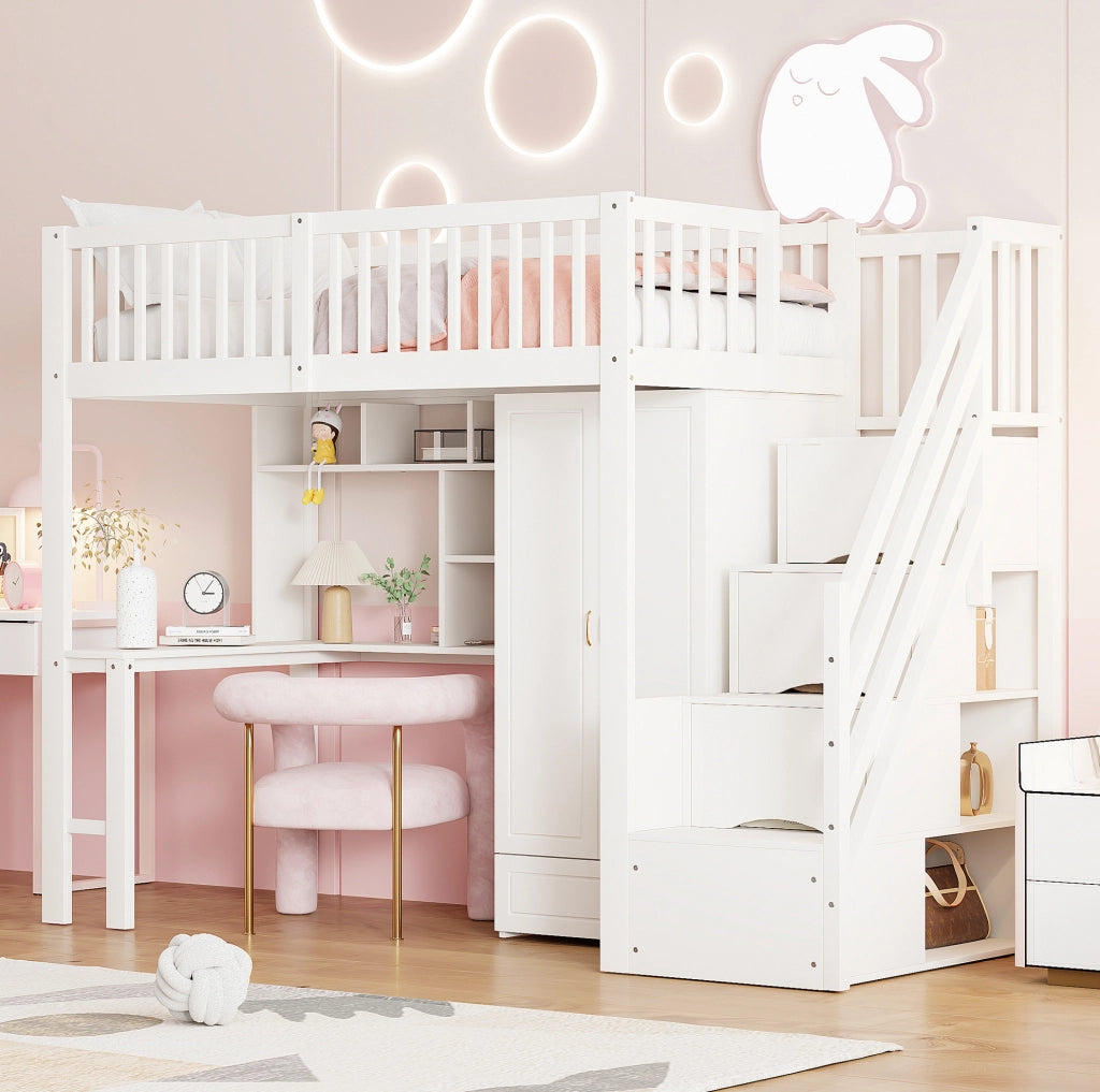 Letto a soppalco 90 x 200 cm con armadio; scrivania; ripiani e scala con cassetti; legno massello bianco