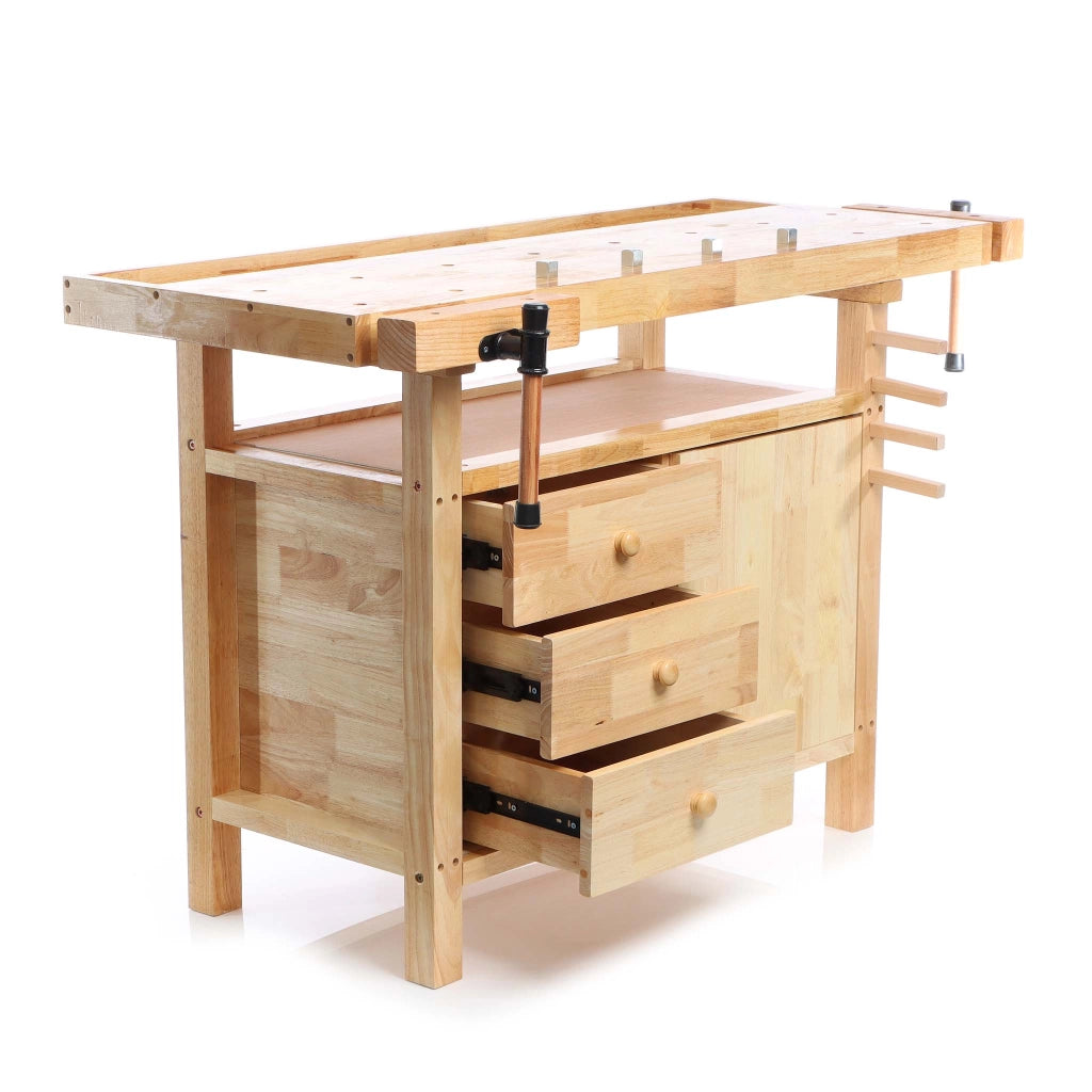 Banco da falegname in legno 126x50x84cm ganci e pinze di serraggio, cassetti e portaoggetti