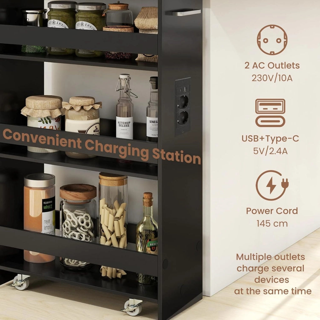 Carrello Portaoggetti a 4 Ripiani con Ruote Rirevoli a 360°, Carrellino Scorrevole con Maniglia Slim, da Bagno, Cucina, Lavanderia, 47,5 x 20 x 80,5 cm (Nero e Marrone, Con Presa)
