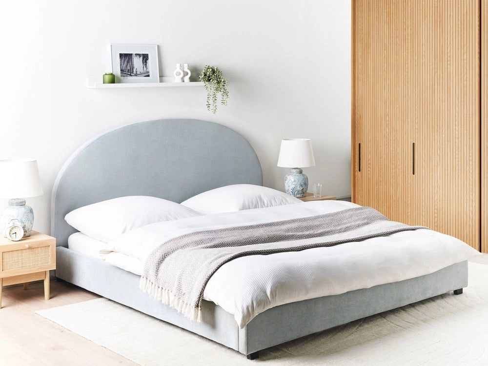 Letto matrimoniale in tessuto di ciniglia azzurro 180 x 200 stile retrò minimalista