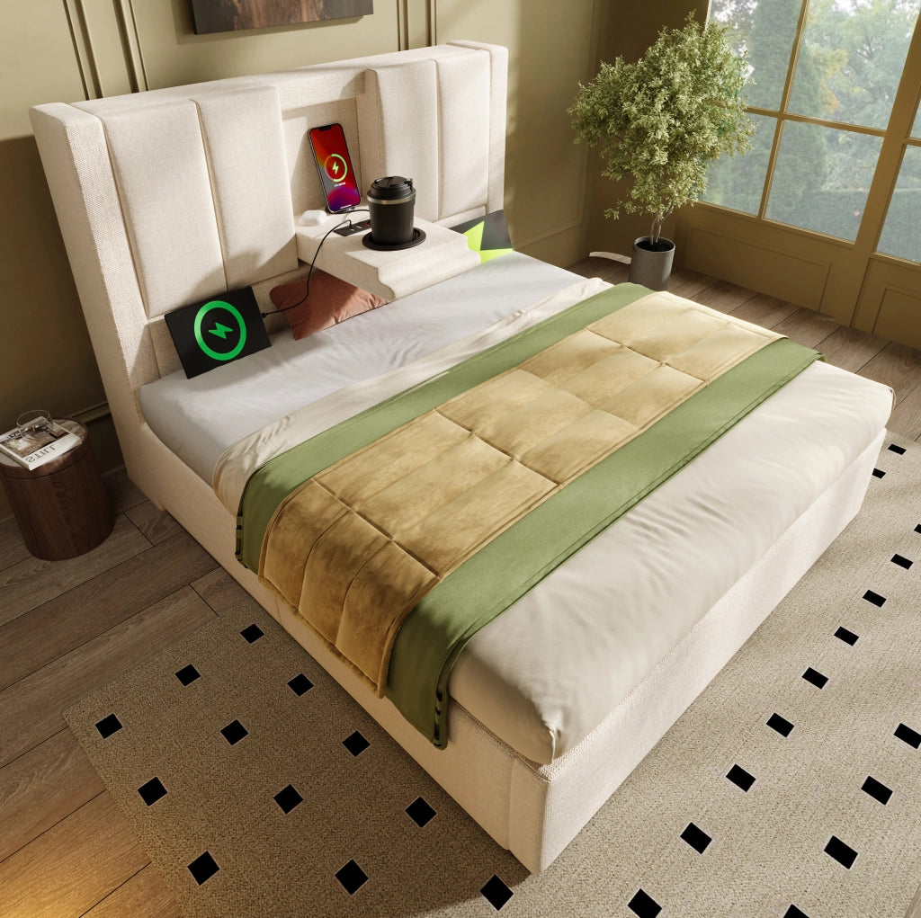 Letto singolo imbottito 90x200 cm con contenitore; stazione di ricarica USB/Type-C e materasso; beige