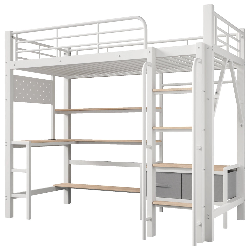 Letto a soppalco 90 x 200 cm con scrivania in metallo e MDF; bianco; con scaffali; LED e USB