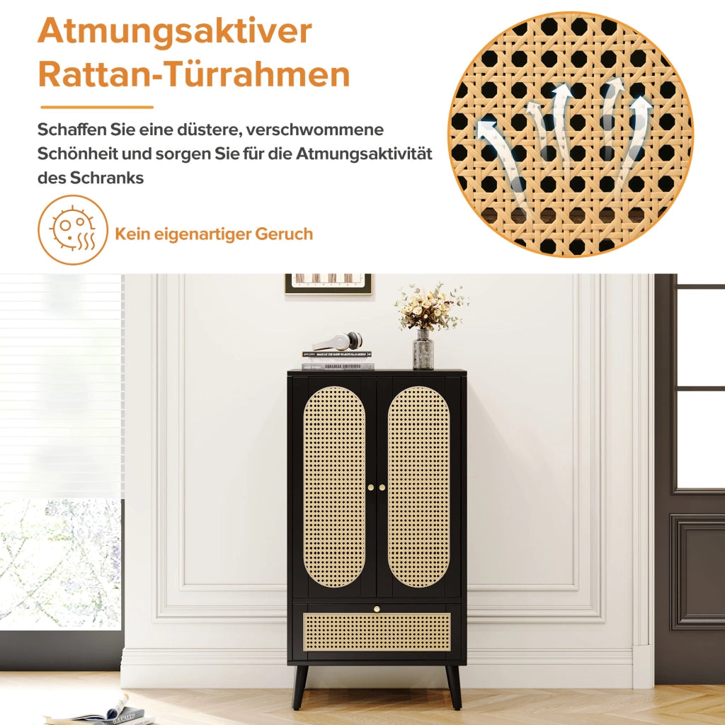 CREDENZA 60x40x110,5 cm nera con 2 ante e 1 cassetto, design rattan