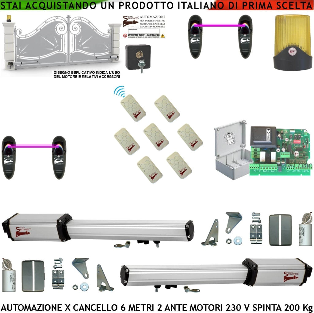 Kit Per Cancello Elettrico 6 Metri 2 Ante da 3 MT Motori Elettromeccanici 230 V Corsa 500 mm Spinta 2 Q.li Sblocco Staffe Sette Radiocomandi 2 Coppie Fotocellule Faro Selettore 2 Ck Cartello Monitore