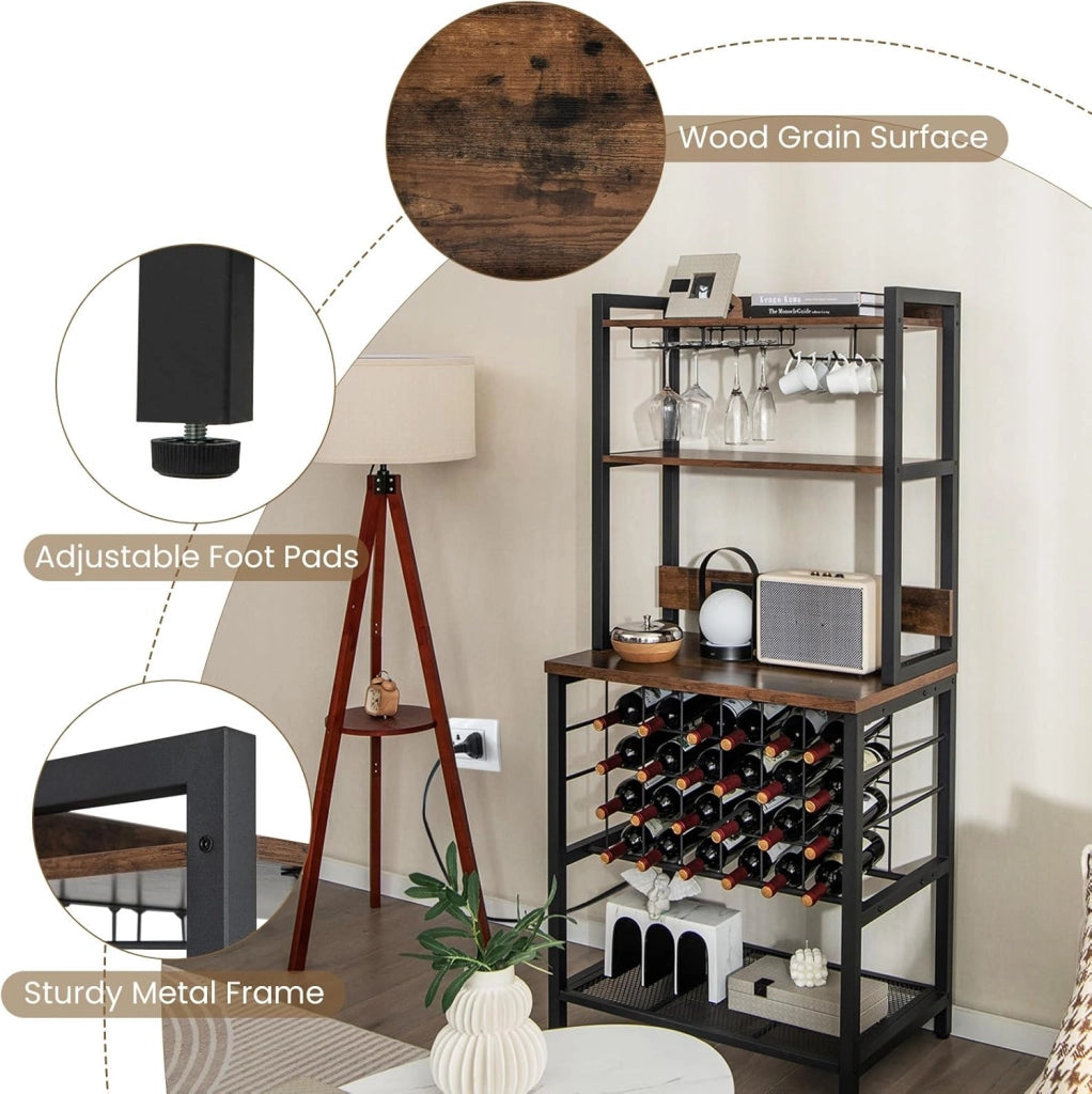 Scaffale Da Cucina Con Prese e Porte Usb, Armadietto Per Vino Con Supporto In Vetro Per 24 Bottiglie e 9 Bicchieri, Scaffale a 4 Livelli, 76 x 48 x 163 cm