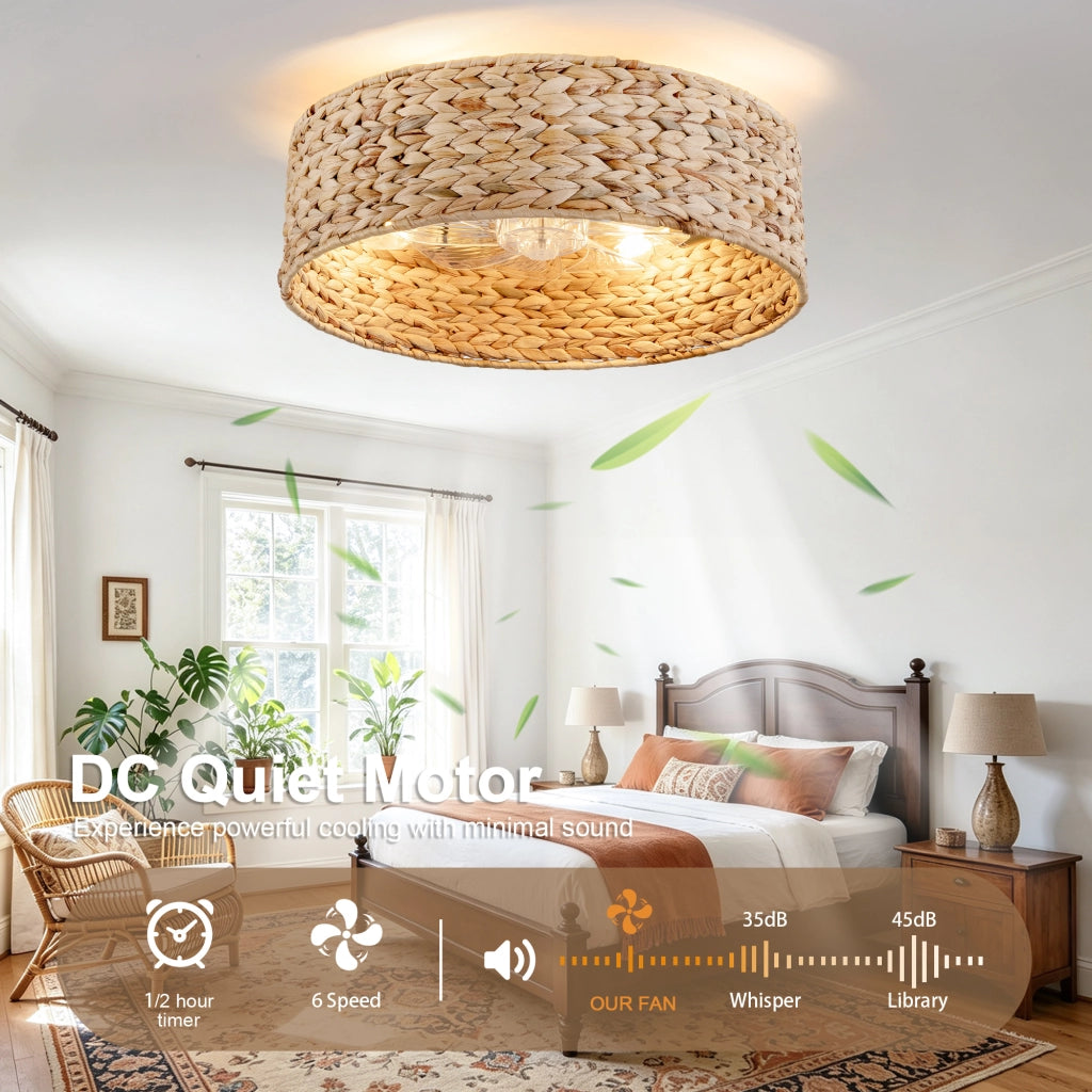 Ventilatore a incasso 19 pollici con luce, pale ABS effetto rattan, doppio controllo app e telecomando, 6 velocit¨¤ reversibili, moderno