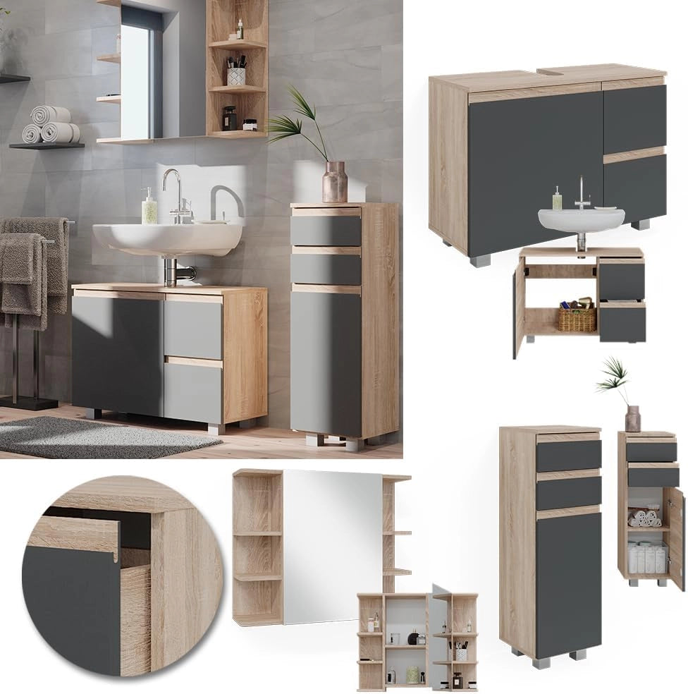 Set mobili bagno J-Shape, Sonoma, 80 cm, composto da mobile sottolavabo, specchiera e mobile medio