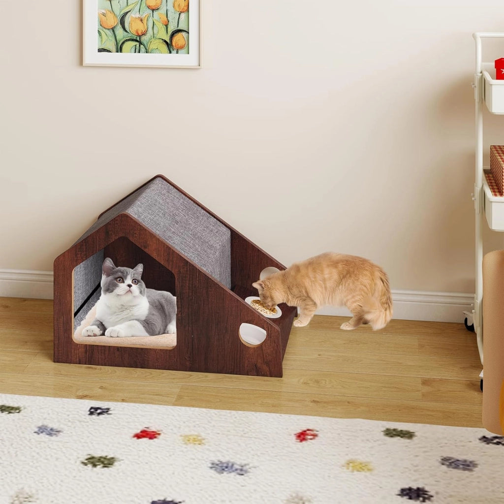 Casetta in Legno per Gatti da Interni, Condo per Gatti con Stazione di Alimentazione, Tetto Rimovibile e Struttura in Metallo, Cuccia per Gattini in Stile Fattoria, 60 x 40 x 40 cm