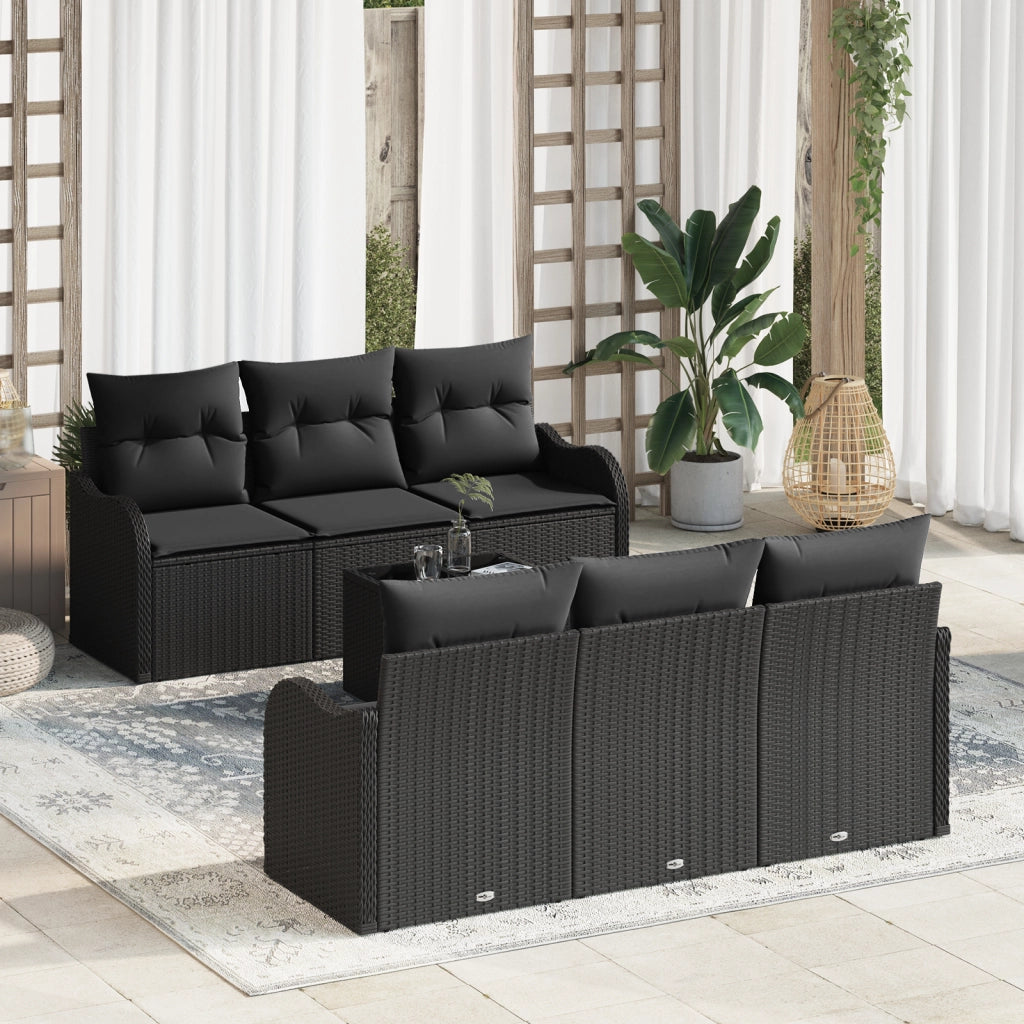 Set Divano da Giardino da 7 Pezzi con Cuscini Nero Polyrattan