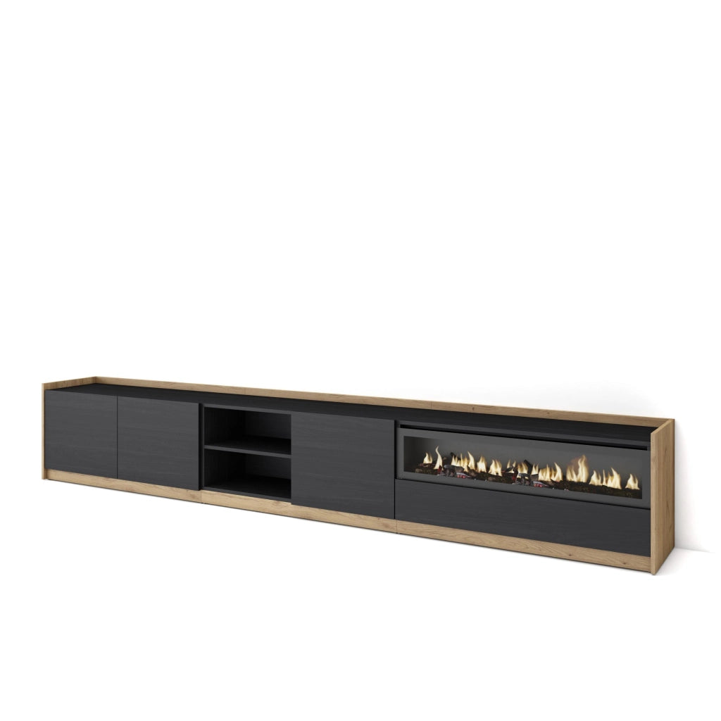 Mobile TV Soggiorno, 310x50x37 cm, Per TV fino a 80", Camino elettrico, Nero e rovere