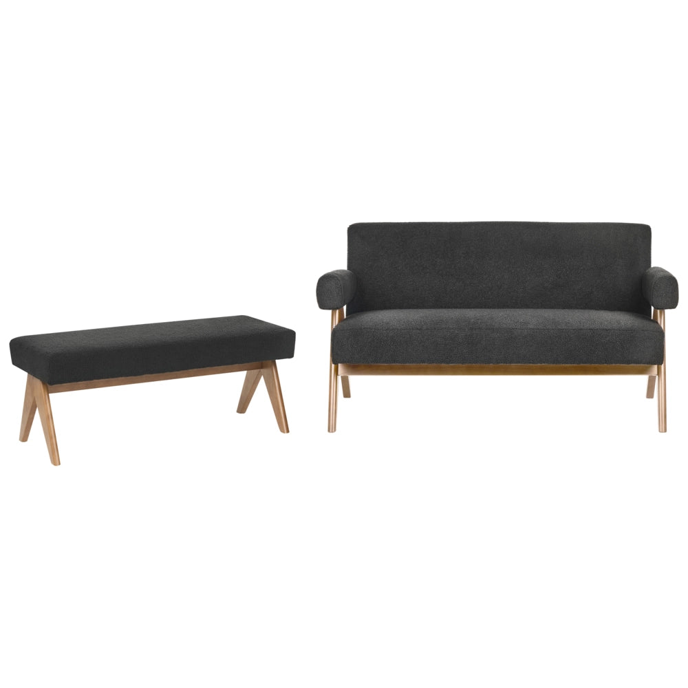 Set di divani Nero e marrone scuro Divano a 2 posti Panca Boucle Rivestimento Retro Design Gambe di legno Soggiorno