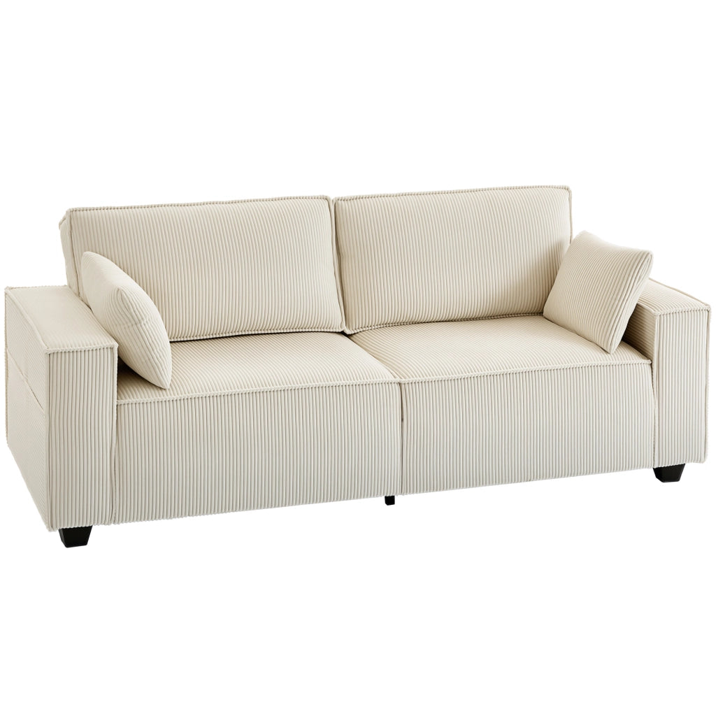 Divano 3 posti in velluto beige 218 cm con braccioli larghi e 2 cuscini