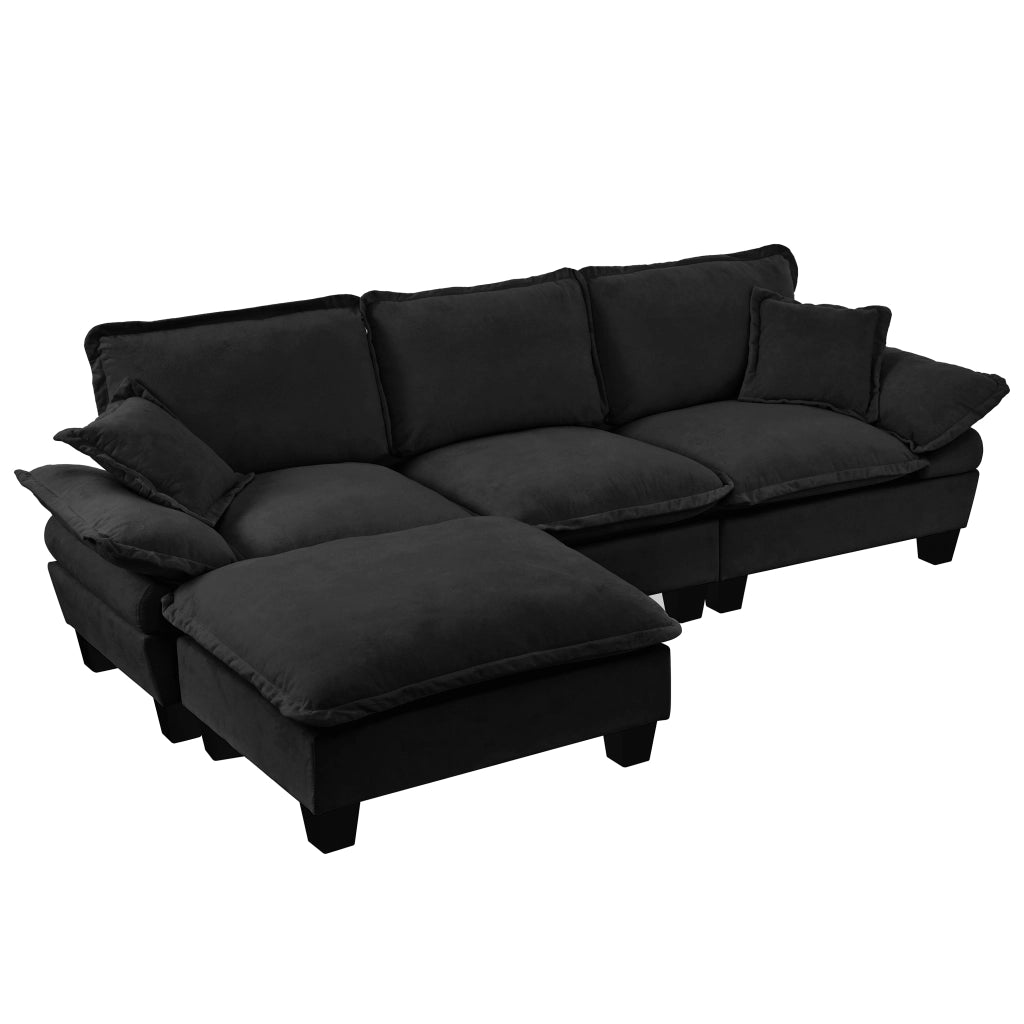 Divano angolare modulare a L 263x155x90 cm in ciniglia nera con pouf mobile