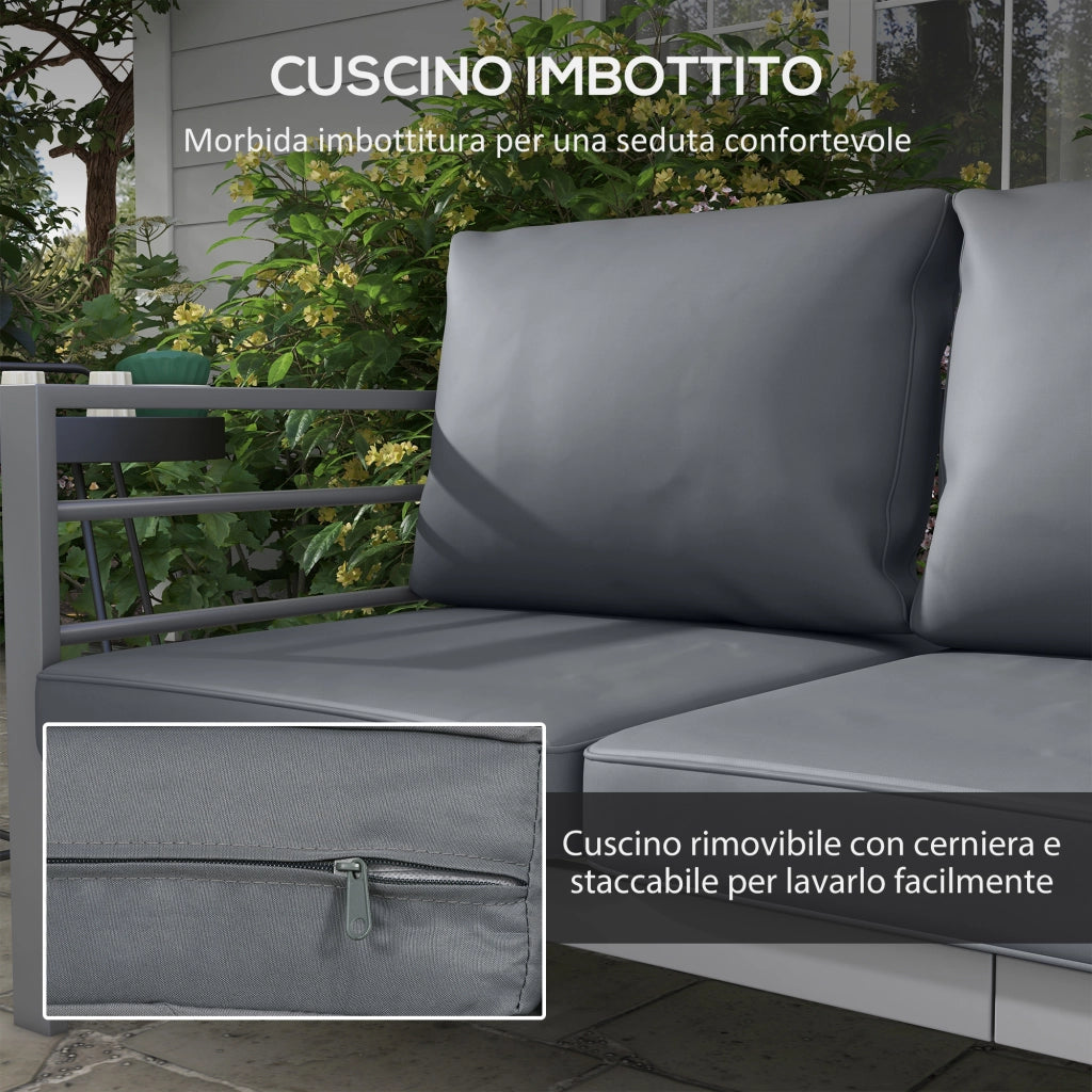 Divano da Giardino 3 Posti con Cuscini per Seduta e Schienale, in Alluminio, 185x66x64 cm, Grigio