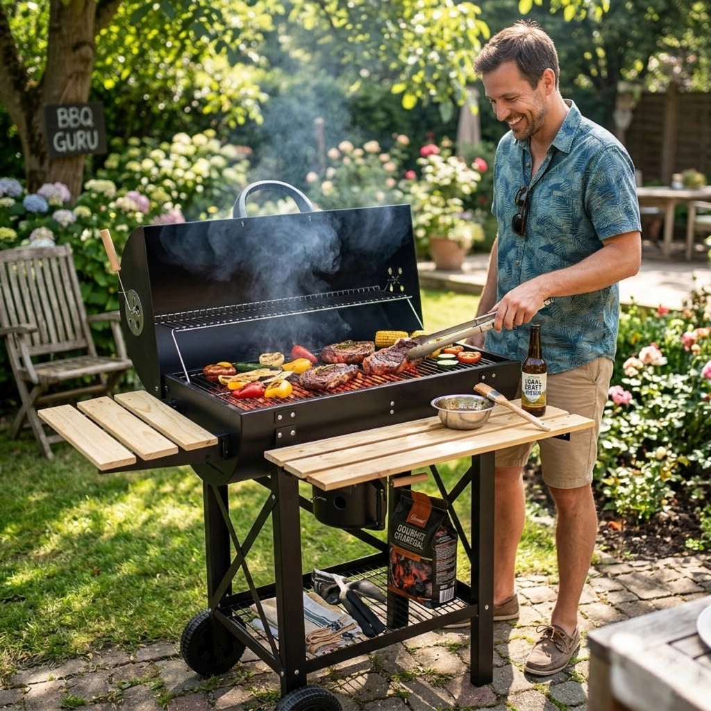 Barbecue A Carbone Con Coperchio E Ripiani Laterali BBQ Grill Da Giardino Con Griglia Rialzata Scaldavivande Struttura In Acciaio Ruote E Cassetto Raccogli Cenere 110 x 70.5 x 101.5 Cm Nero