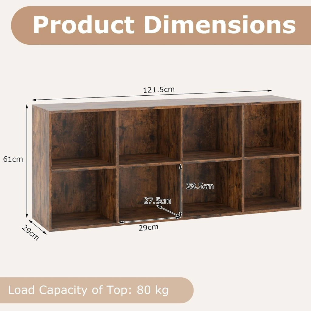 Libreria a 8 scomparti, scaffale autoportante con 2 fusibili ribaltabili, utilizzabile verticale/orizzontalmente, per soggiorno, studio, camera da letto, 121,5 x 29 x 61 cm (marrone)