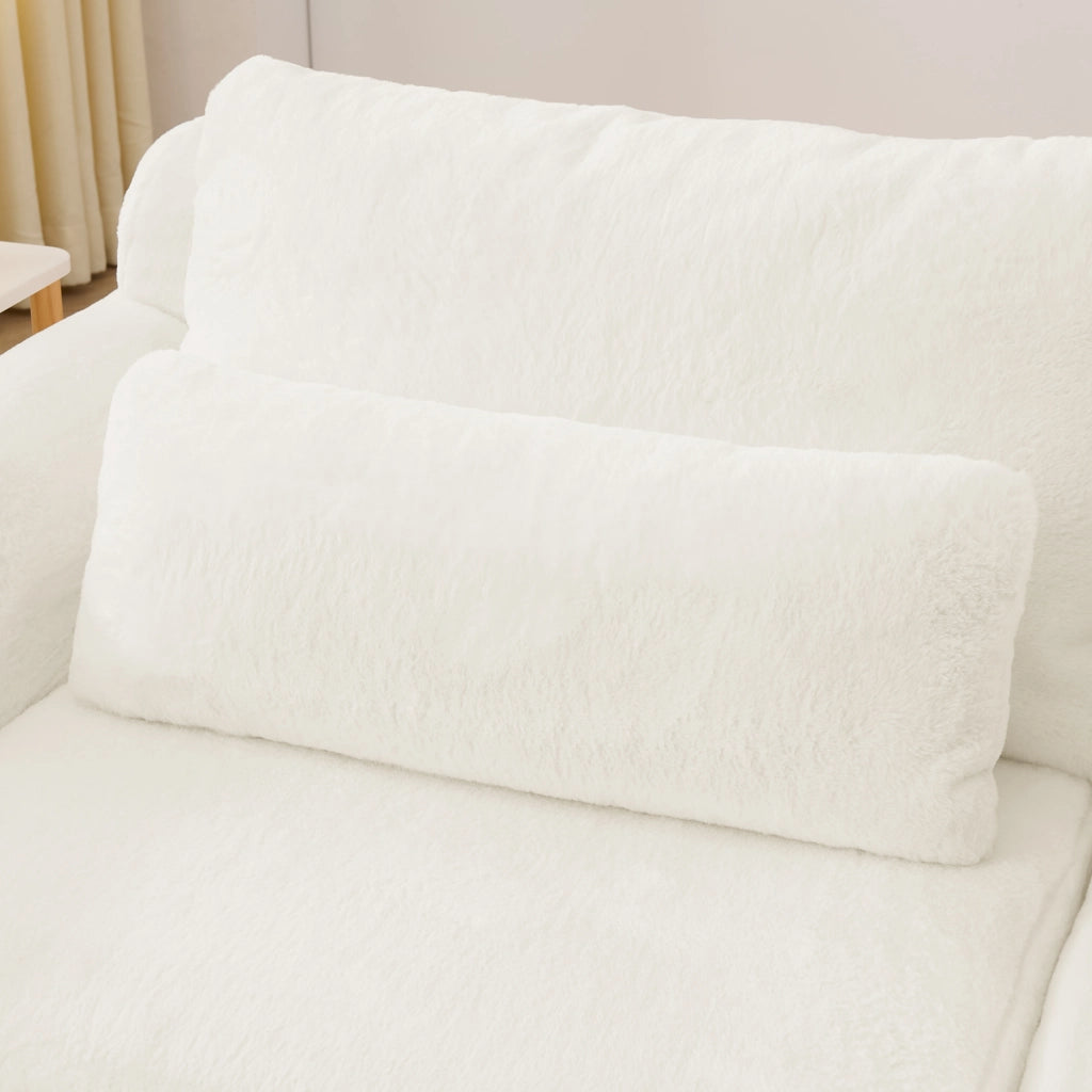 Divano 2 posti beige con porte USB e tasca laterale in tessuto effetto pelliccia di coniglio
