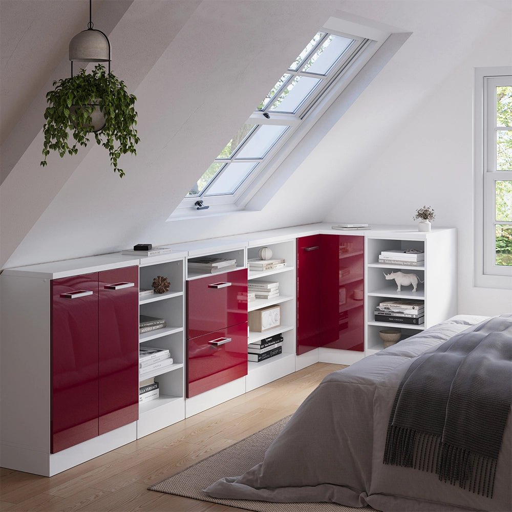 Mobile cucina angolare per sottotetto R-Line Rosso lucido/Bianco 75.6 cm con 1 porta, carcassa dell’armadio profondità 60 cm Vicco