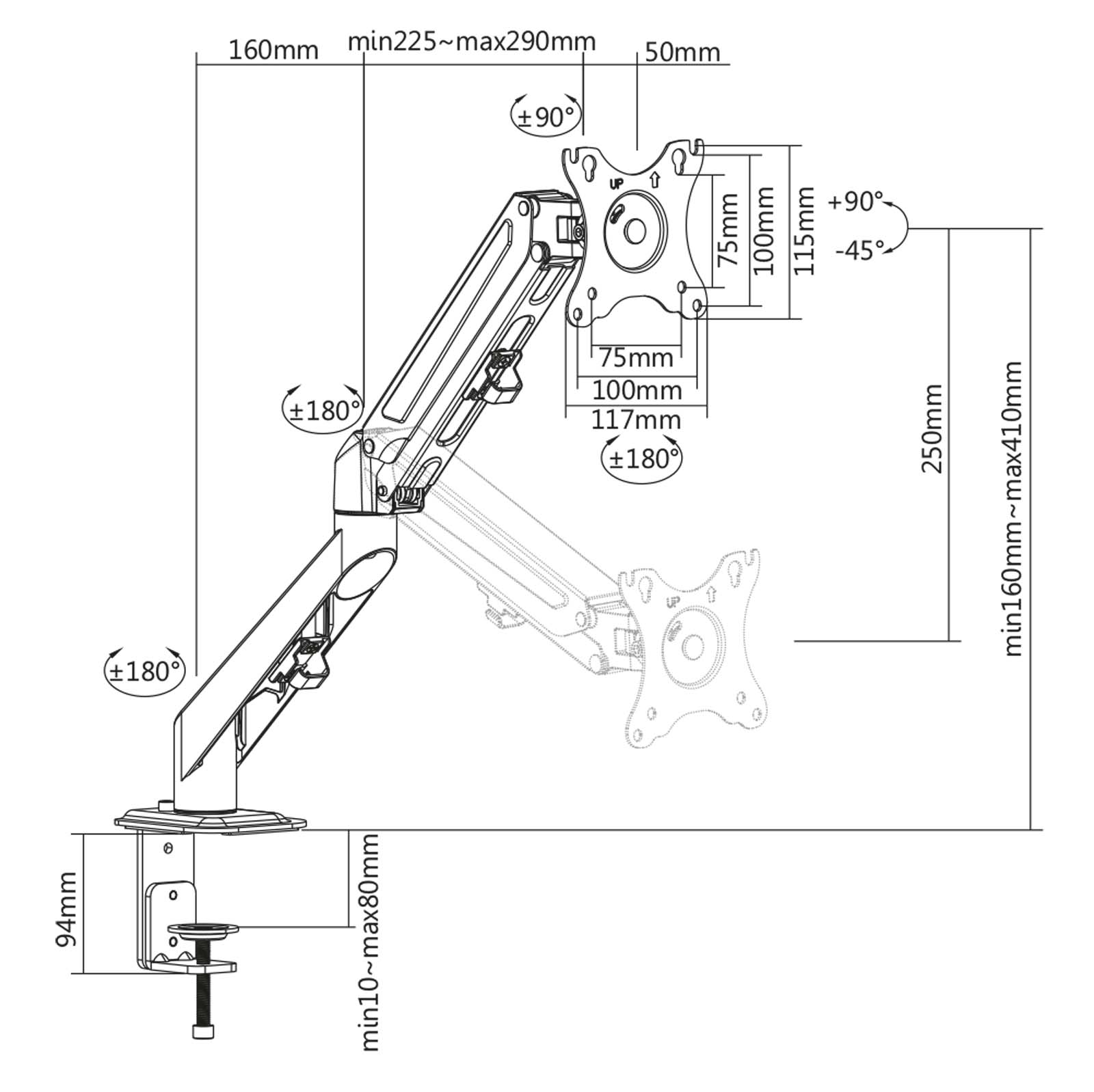 Braccio monitor da scrivania Supporto per schermi da 17-27" conforme a VESA, con molla a gas