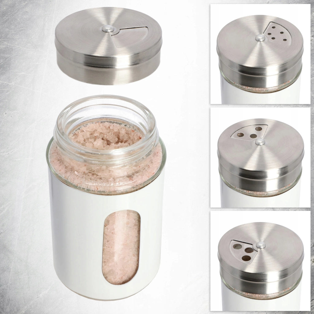 Saliera KADAX, contenitore per sale, bianco, 90 ml, in vetro e acciaio, per condimenti.