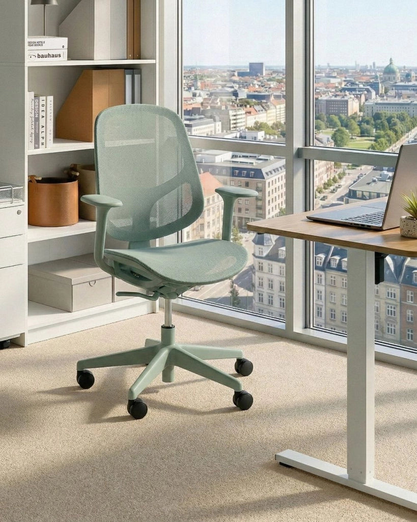 Sedia da ufficio verde in rete con base girevole, braccioli e altezza regolabile per ufficio domestico e open space
