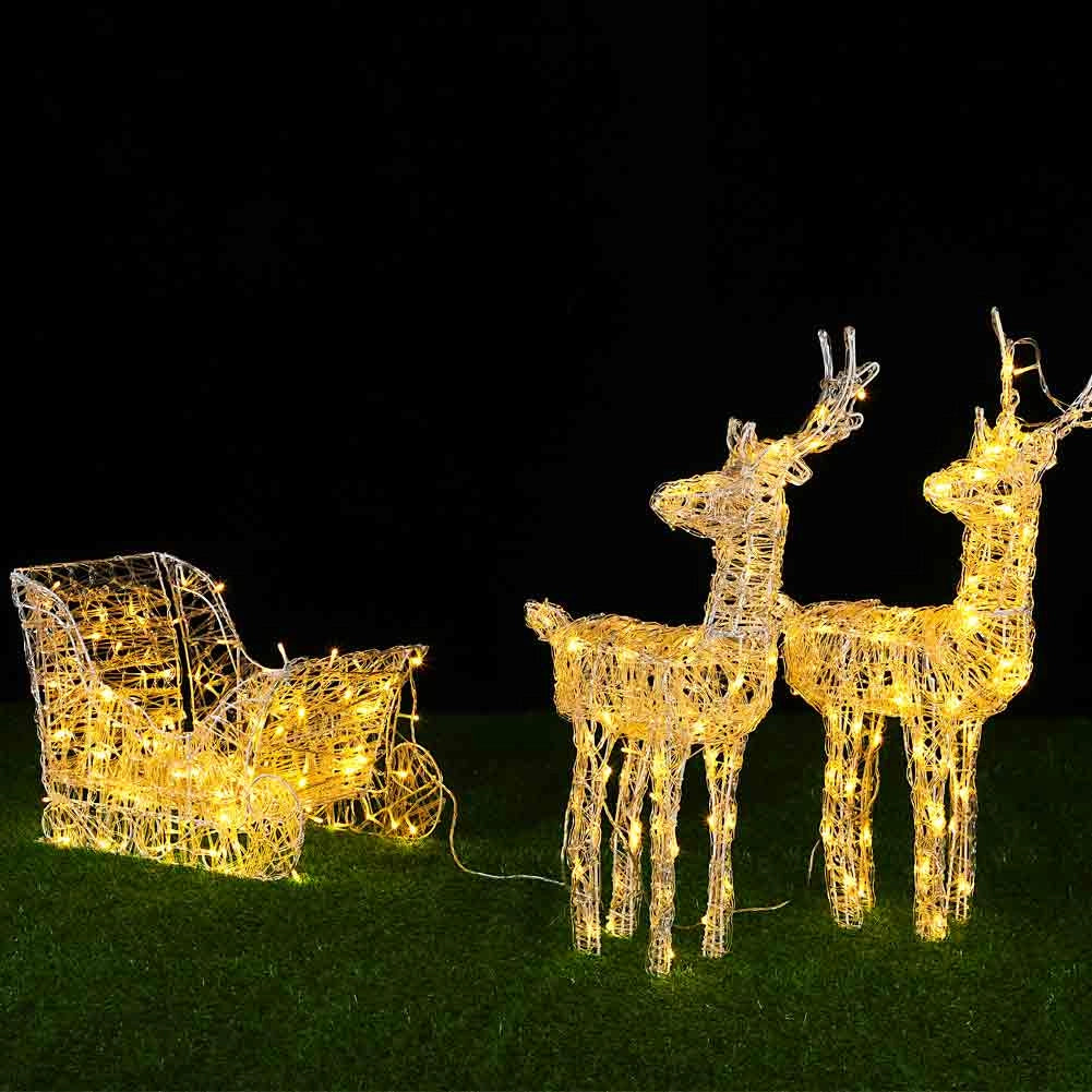 Slitta e Renne Natalizie 3D Luminose 240 LED Bianco Caldo per Esterno a batterie