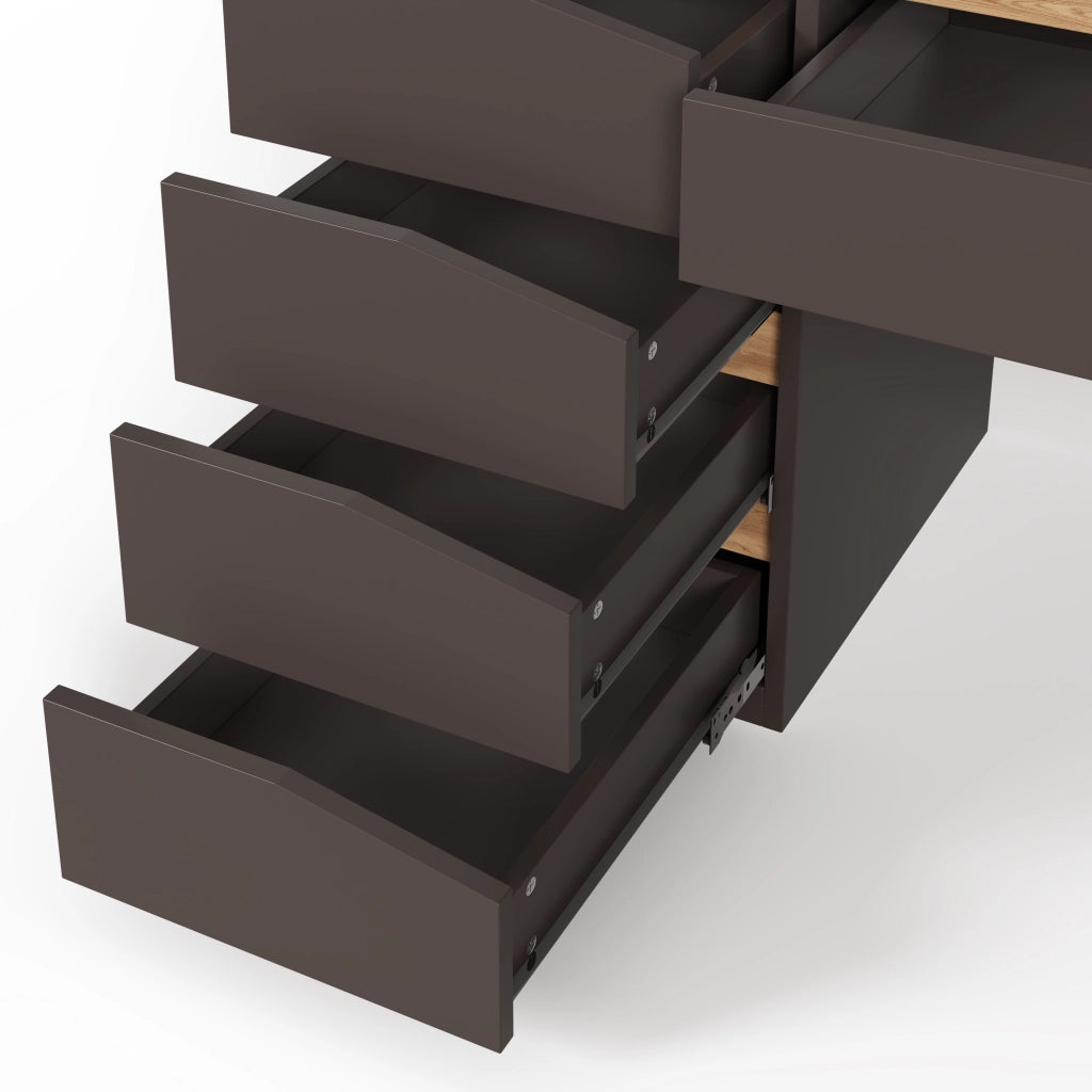 Scrivania dritta con 5 cassetti e piano ampio, grigio e rovere, per studio e camera, MDF, 140 × 50 × 78 cm