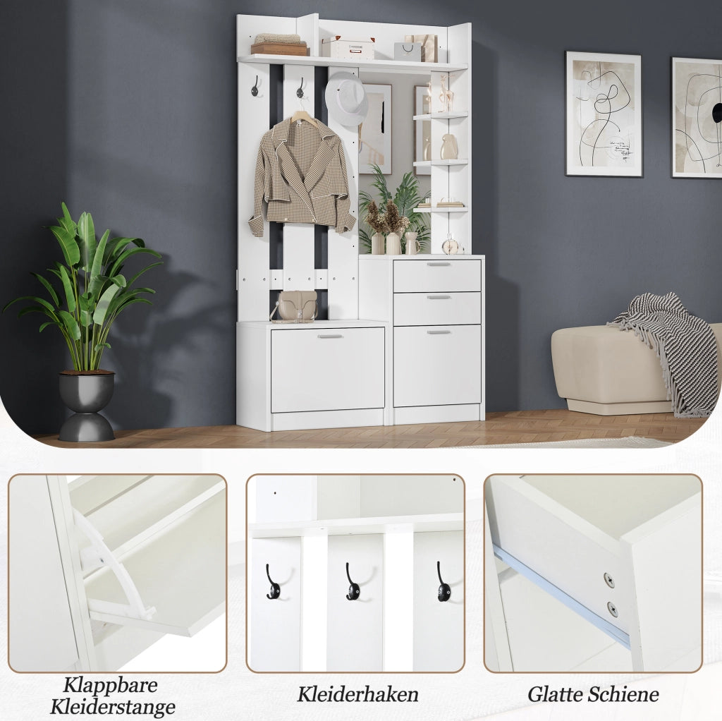 Mobile guardaroba con specchio; 2 cassetti e 2 scarpiere a ribalta in MDF bianco; 110×34×185 cm