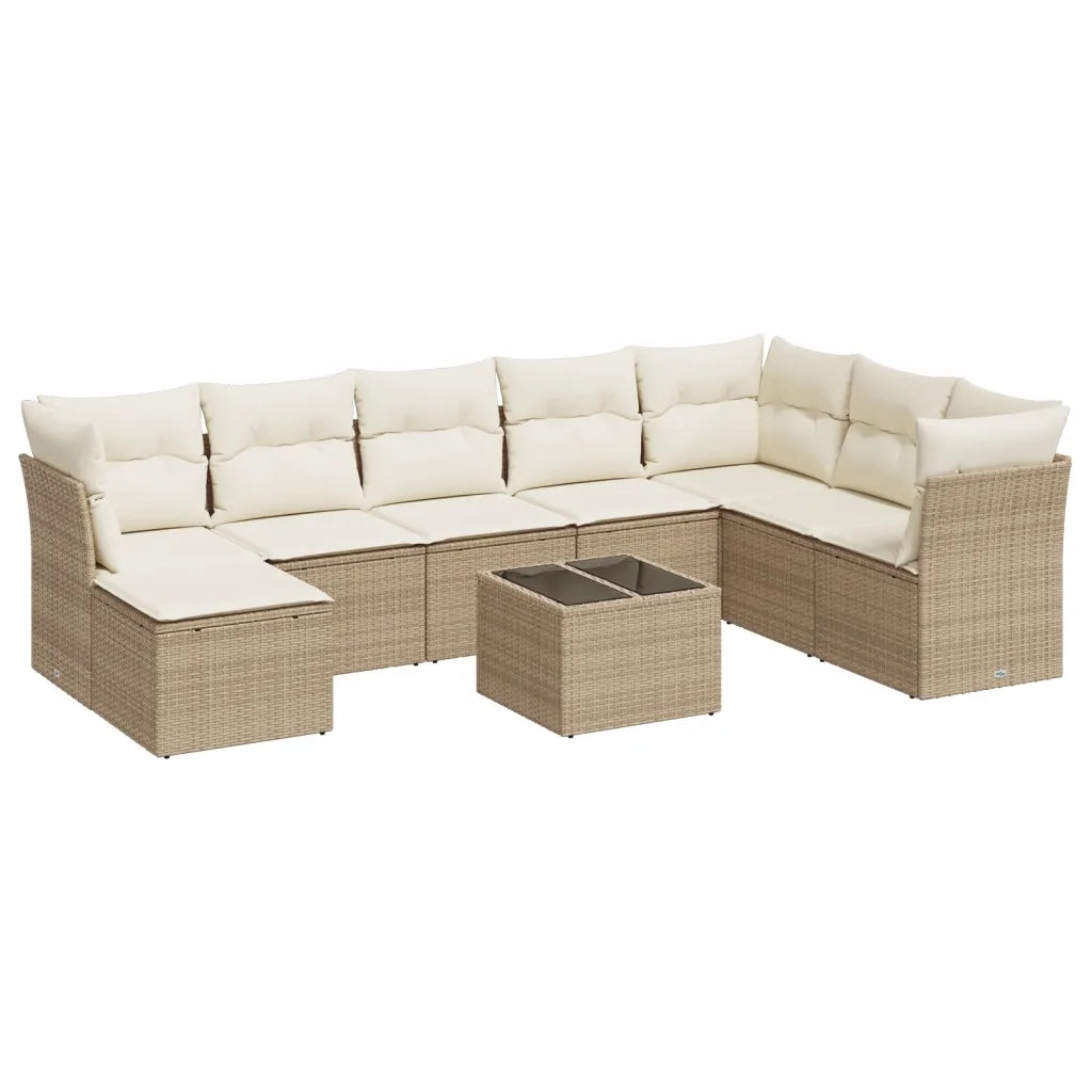 Set Divano da Giardino 9 pz con Cuscini Beige in Polyrattan