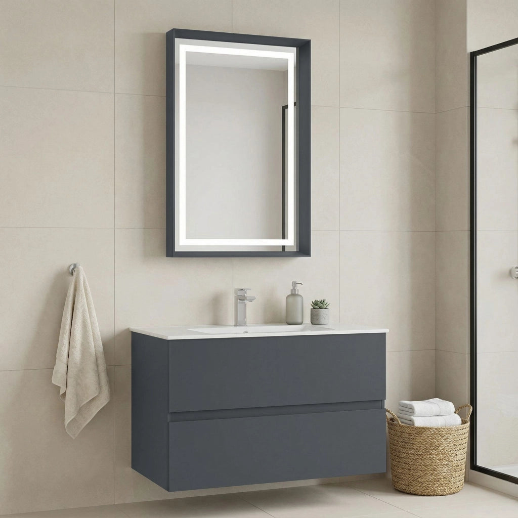 Set mobile lavabo con specchio (2 pezzi) "Nest 91 v2" - 91 x 51 x 55 cm - Antracite opaco