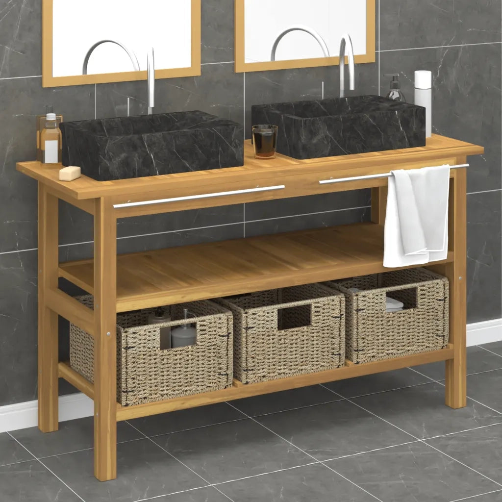 Mobile Vanità Bagno e Lavandini Marmo Nero Legno Massello Teak 3096584