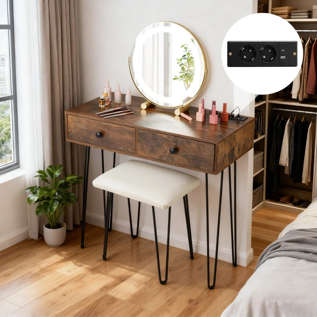 Toeletta con specchio regolabile illuminato e ricarica integrate, Tavolo da trucco con 2 cassetti per camera da letto-Tavoli da trucco