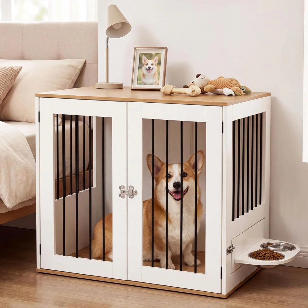 Cuccia per Cani da Interno, Gabbia per Cane Piccolo e Midio con 2 Ciotole Girevoli, 2 Porte e Chiusura di Sicurezza, Casetta per Cuccioli, 80 x 66,5 x 71,5 cm