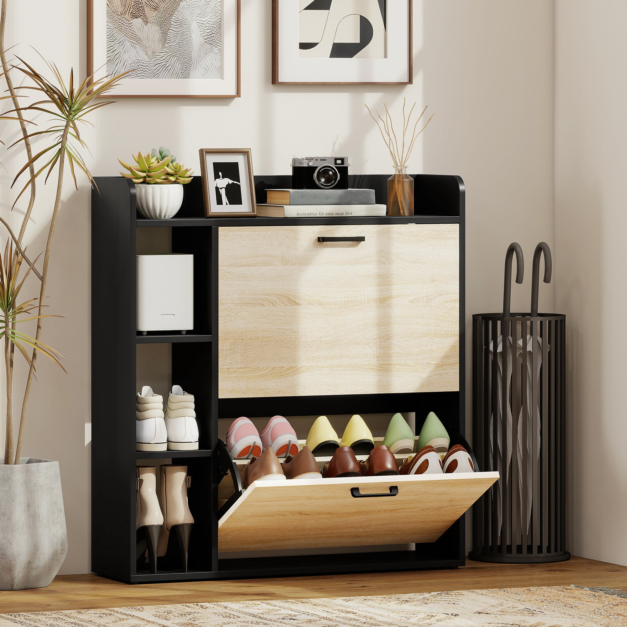 Scarpiera Slim 83x24x90.5 cm per 15 Scarpe con 2 Cassetti Ribaltabili e 3 Vani Aperti Nero