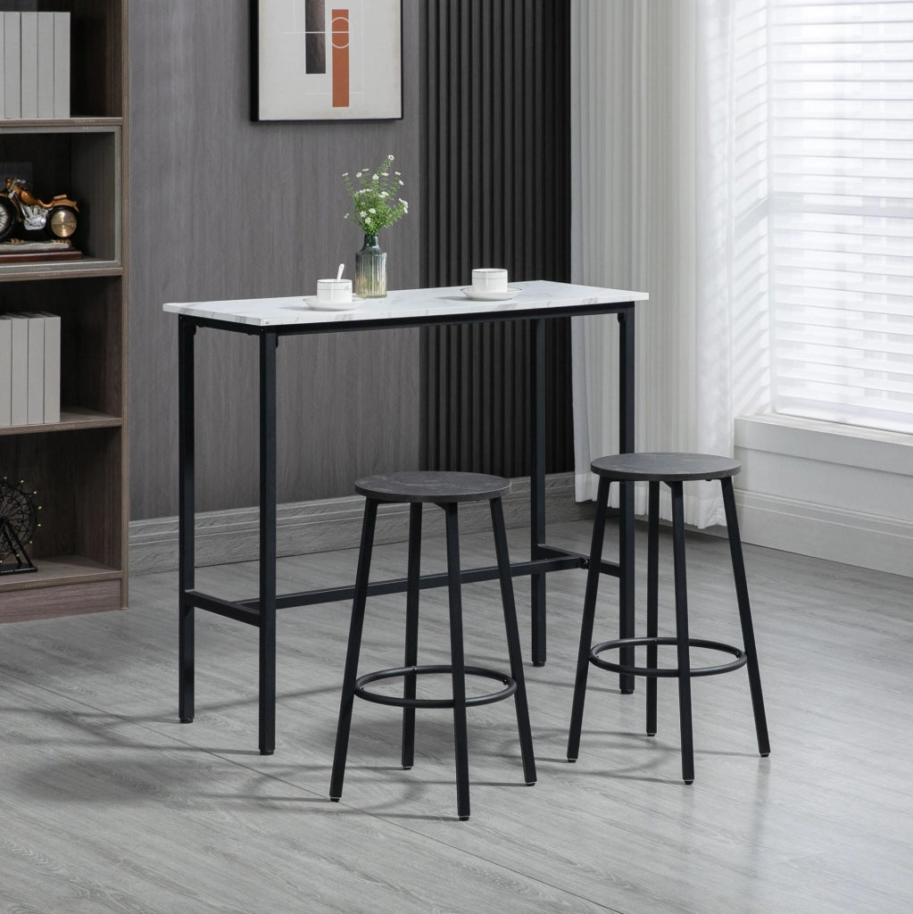 Set bar con 2 sgabelli; piano effetto marmo; acciaio; bianco